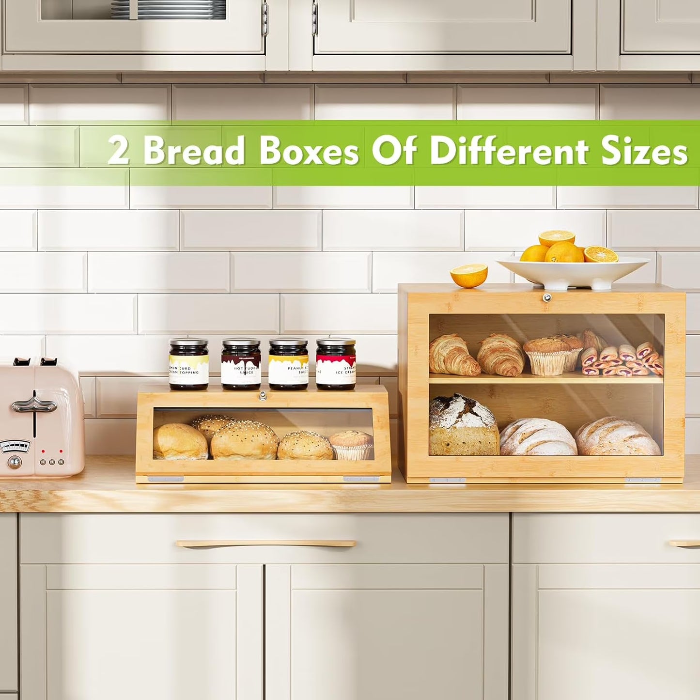 2-Pack Double Layer Bamboo Bread Box with Clear Windows for Kitchen Counter