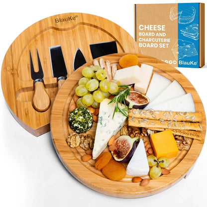 BlauKe® Bamboo Cheese Board and Knife Set – 10-Inch Round Charcuterie Board, Serving Tray & Platter