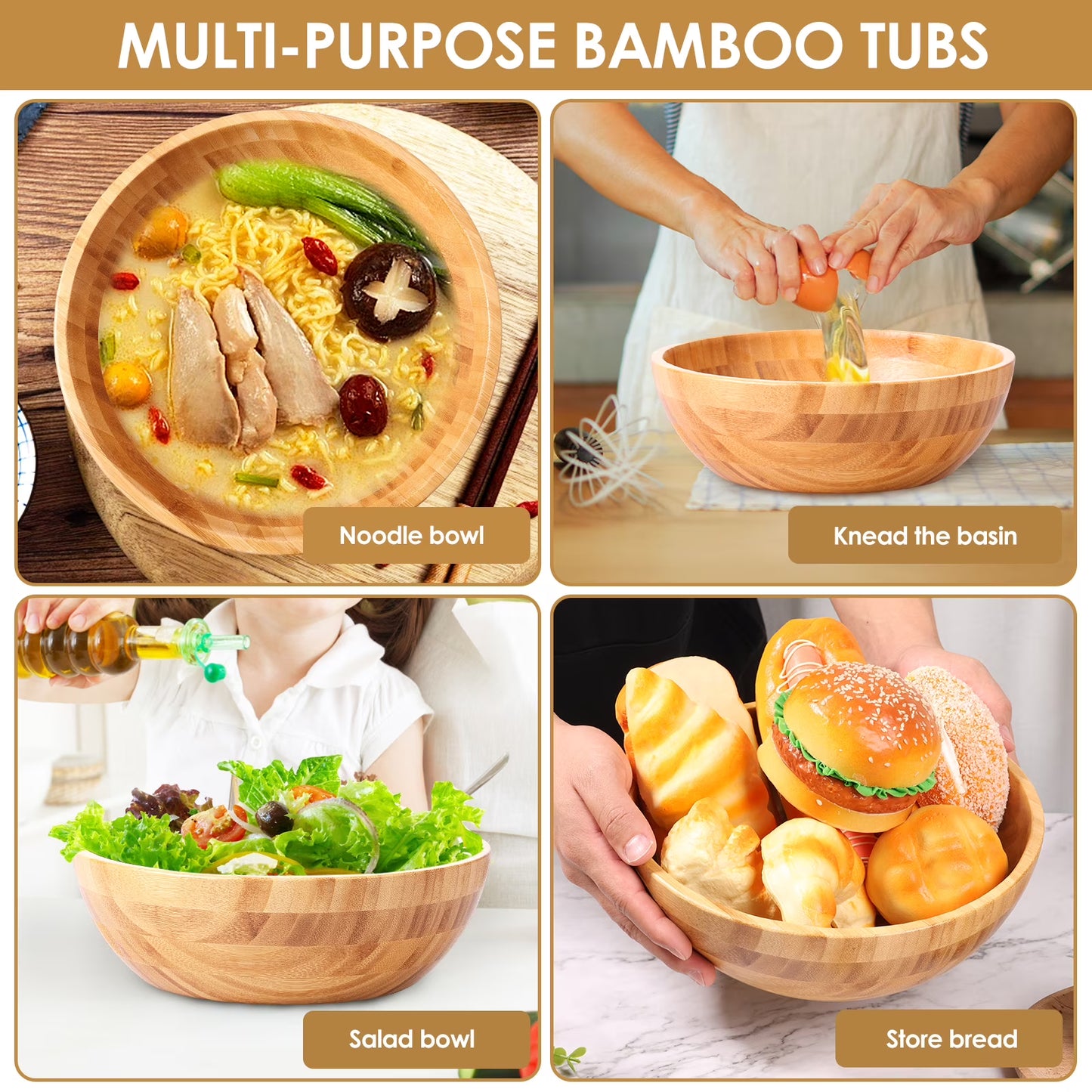 Wekvgz Bamboo Fruit Bowl Large Capacity Bamboo Salad Bowl