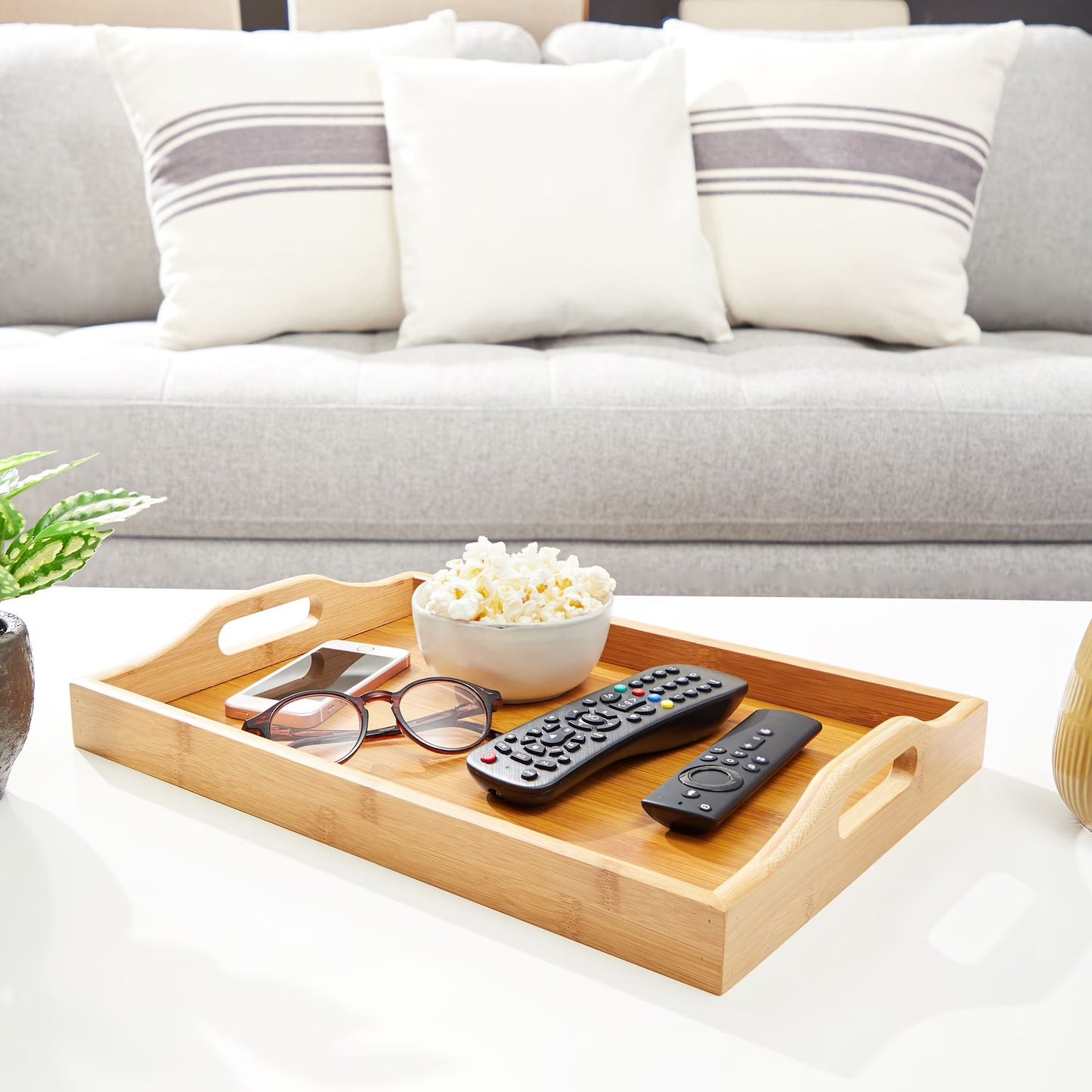 Bamboo Wood Serving Tray with Handles for Breakfast in Bed, Kitchen Counter, Ottoman (16 x 11 x 2 In)