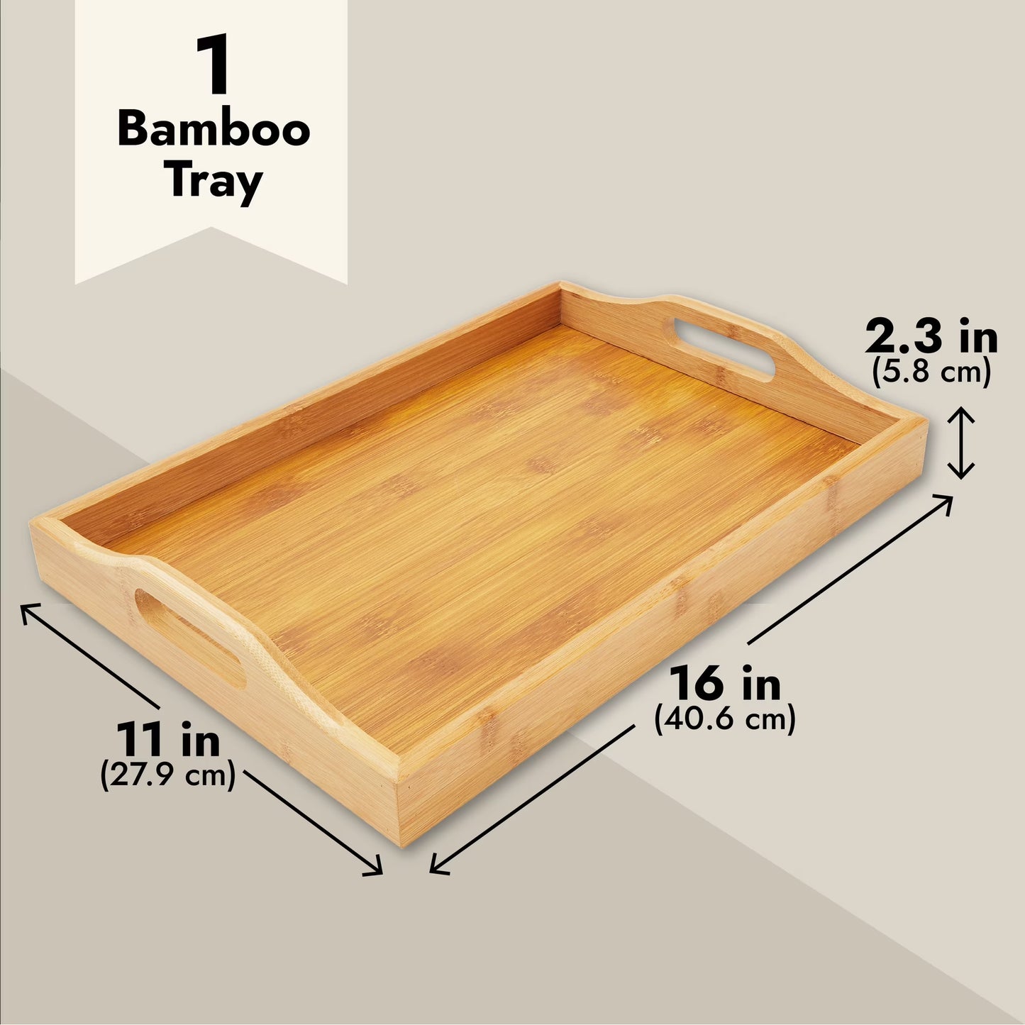 Bamboo Wood Serving Tray with Handles for Breakfast in Bed, Kitchen Counter, Ottoman (16 x 11 x 2 In)