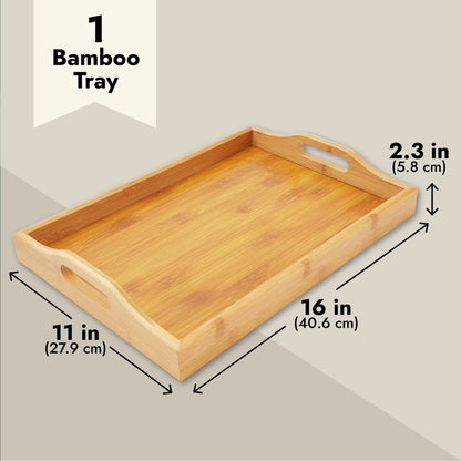 Bamboo Wood Serving Tray with Handles for Breakfast in Bed, Kitchen Counter, Ottoman (16 x 11 x 2 In)