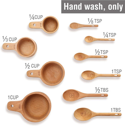 10 Piece Measuring Cups and Measuring Spoons Set, Handcrafted Wood Measuring Cups with Tablespoon & Teaspoon Measuring Spoons