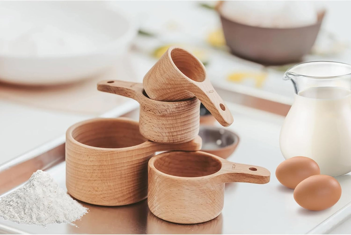 10 Piece Measuring Cups and Measuring Spoons Set, Handcrafted Wood Measuring Cups with Tablespoon & Teaspoon Measuring Spoons