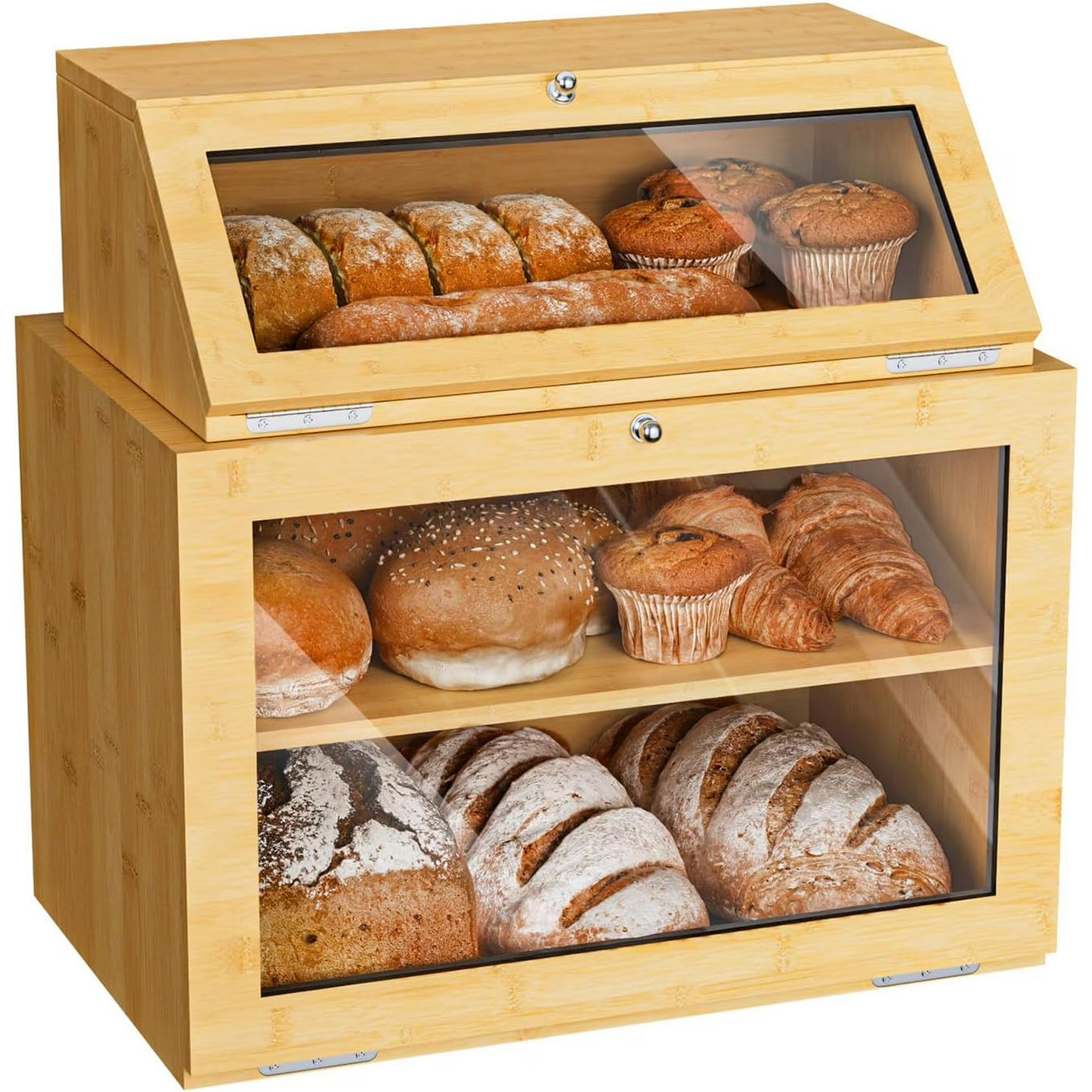 2-Pack Double Layer Bamboo Bread Box with Clear Windows for Kitchen Counter