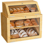 2-Pack Double Layer Bamboo Bread Box with Clear Windows for Kitchen Counter