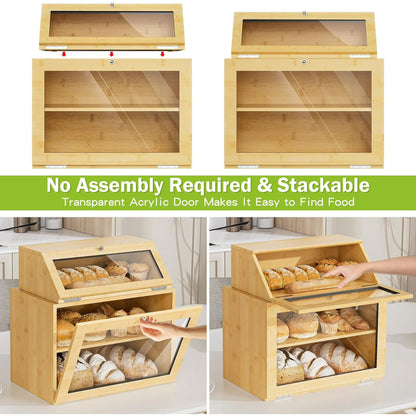 2-Pack Double Layer Bamboo Bread Box with Clear Windows for Kitchen Counter
