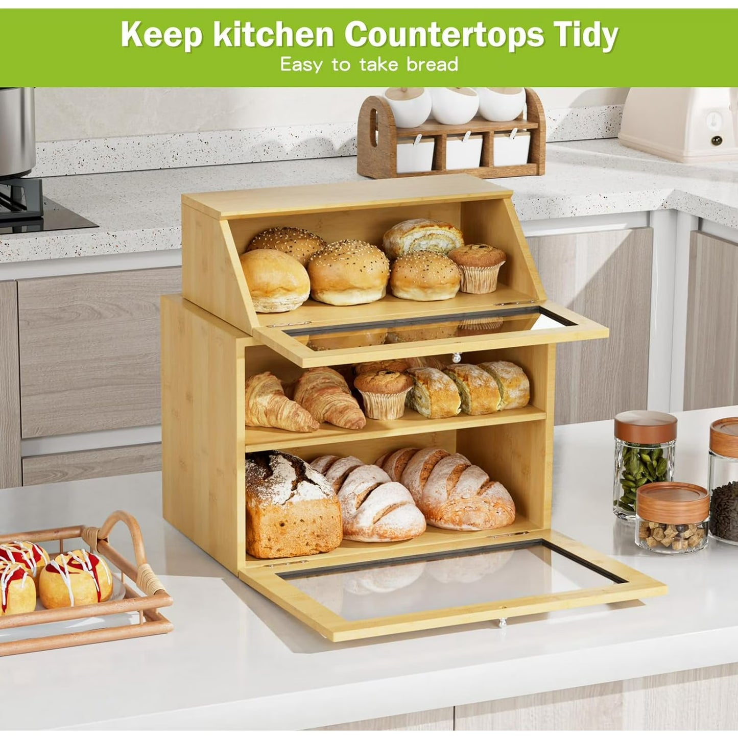 2-Pack Double Layer Bamboo Bread Box with Clear Windows for Kitchen Counter