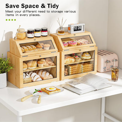 2-Pack Double Layer Bamboo Bread Box with Clear Windows for Kitchen Counter