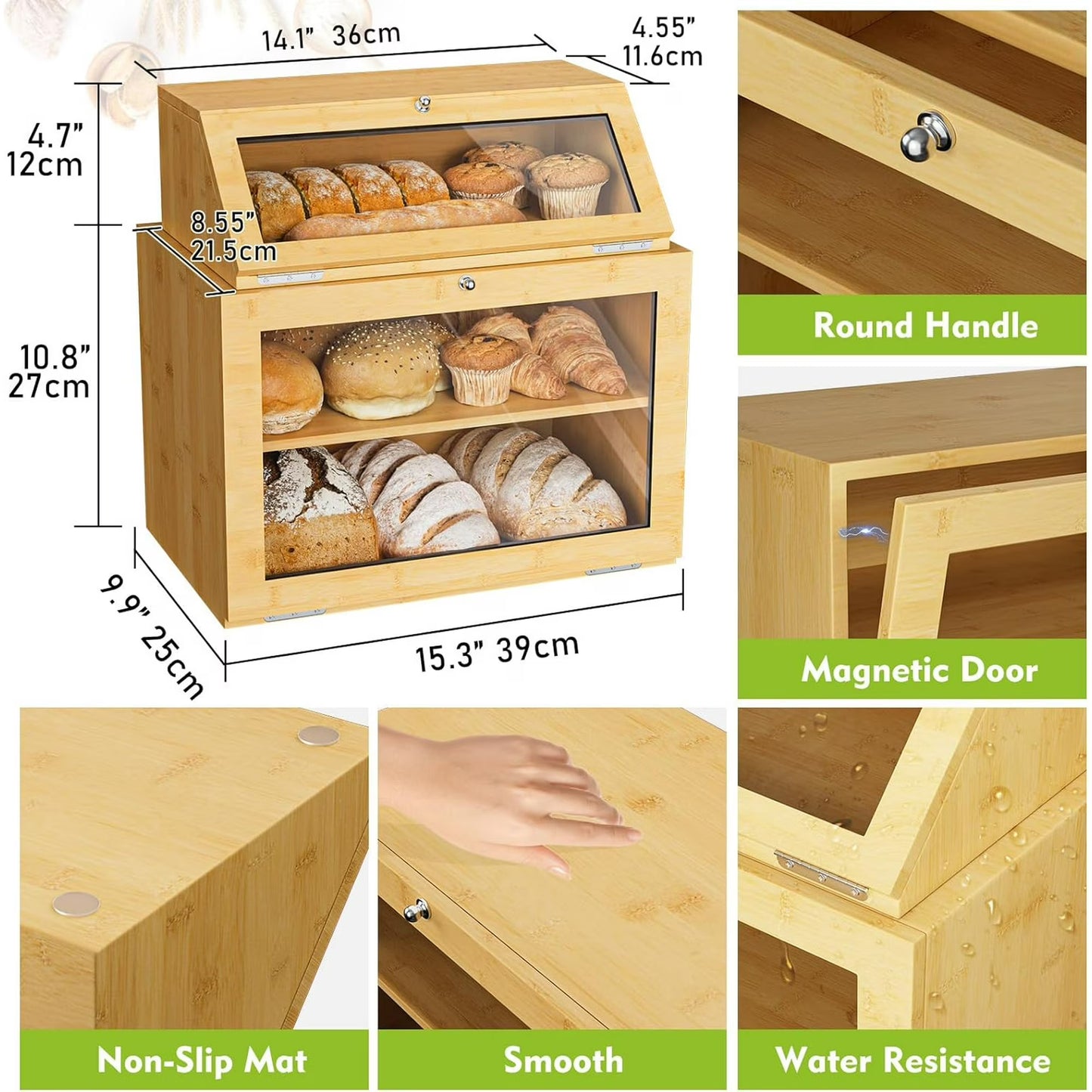 2-Pack Double Layer Bamboo Bread Box with Clear Windows for Kitchen Counter