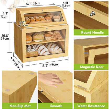 2-Pack Double Layer Bamboo Bread Box with Clear Windows for Kitchen Counter