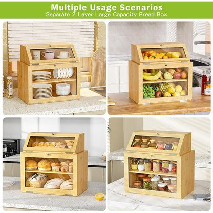 2-Pack Double Layer Bamboo Bread Box with Clear Windows for Kitchen Counter
