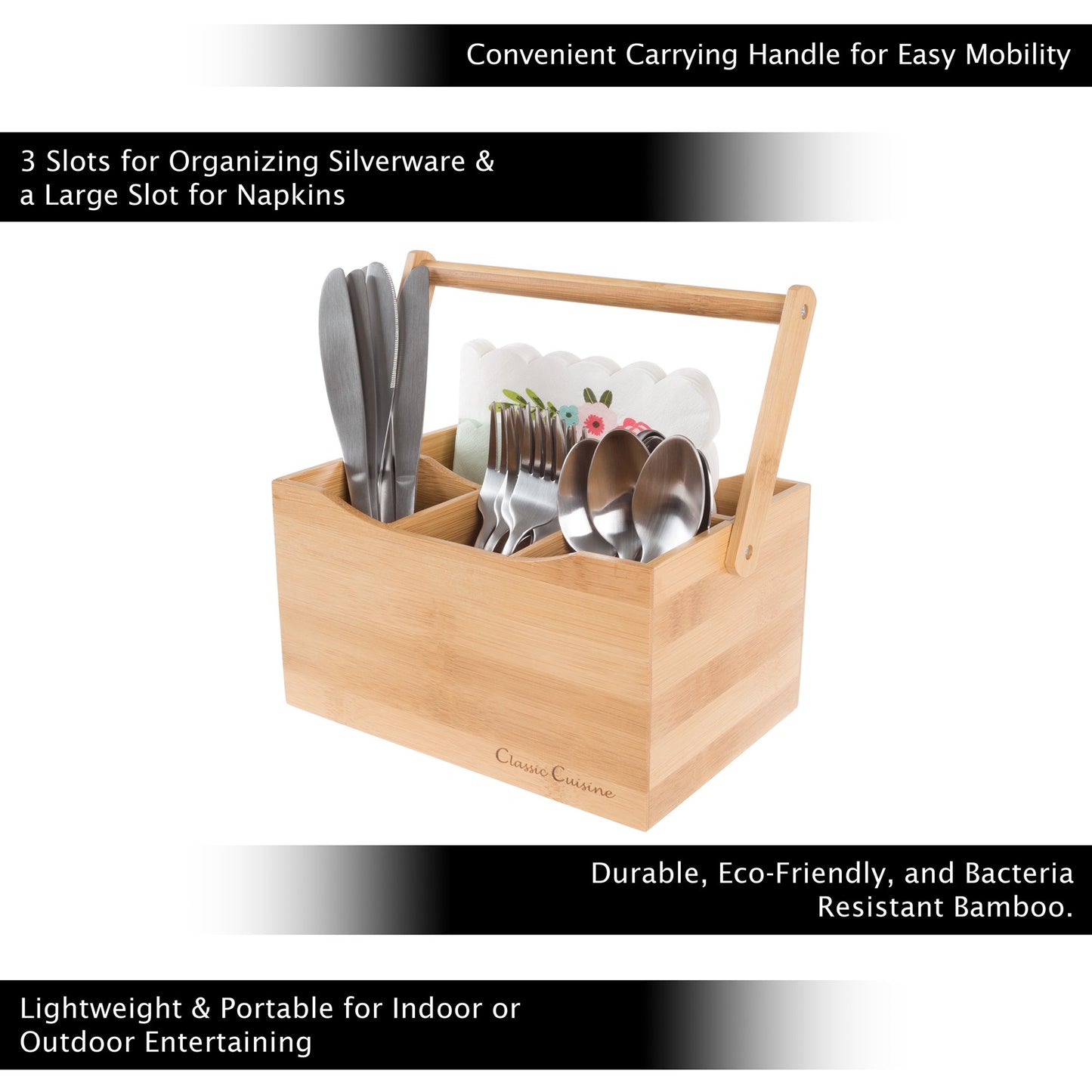Classic Cuisine Bamboo Flatware Caddy – 4-Slot Portable Utensil Organizer