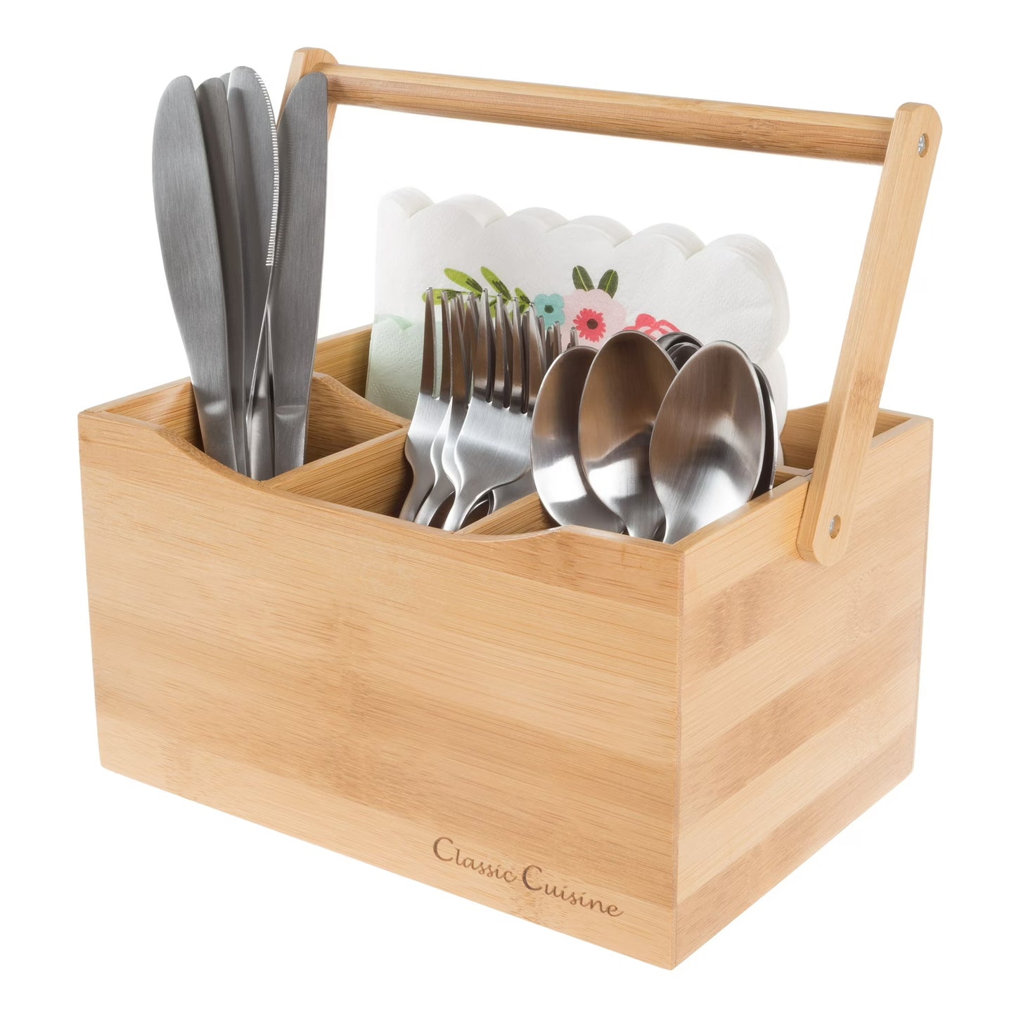 Classic Cuisine Bamboo Flatware Caddy – 4-Slot Portable Utensil Organizer