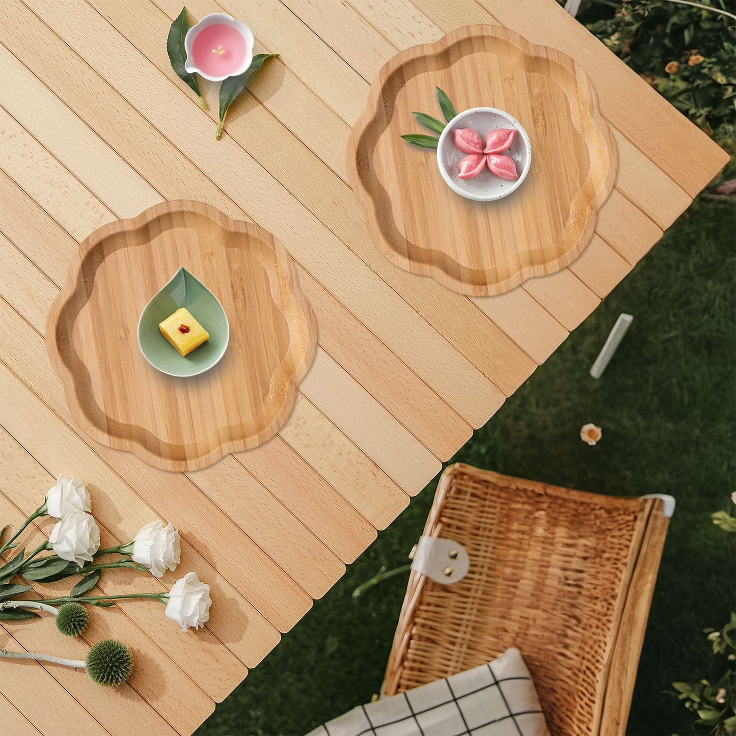 Bamboo Serving Tray for Snacks and Fruit, Square Wooden Storage Platter, Smooth Splinter-Free, 6–8 Inch Sizes
