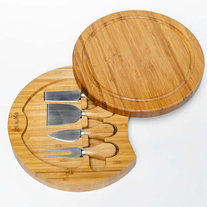 BlauKe® Bamboo Cheese Board and Knife Set – 10-Inch Round Charcuterie Board, Serving Tray & Platter