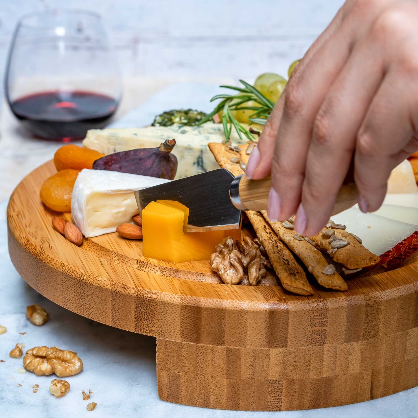 BlauKe® Bamboo Cheese Board and Knife Set – 10-Inch Round Charcuterie Board, Serving Tray & Platter