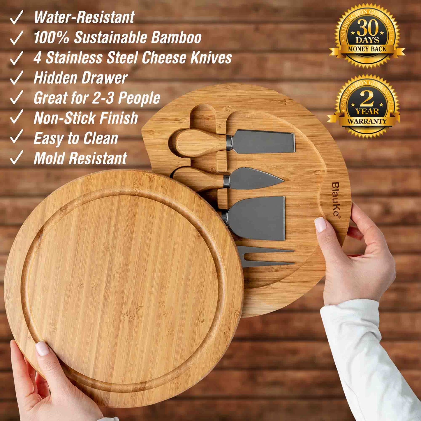 BlauKe® Bamboo Cheese Board and Knife Set – 10-Inch Round Charcuterie Board, Serving Tray & Platter