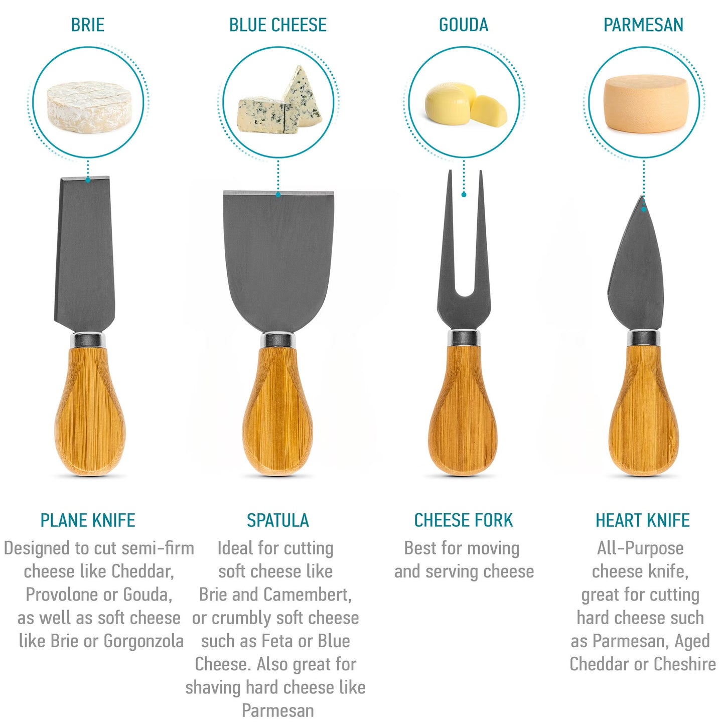 BlauKe® Bamboo Cheese Board and Knife Set – 10-Inch Round Charcuterie Board, Serving Tray & Platter