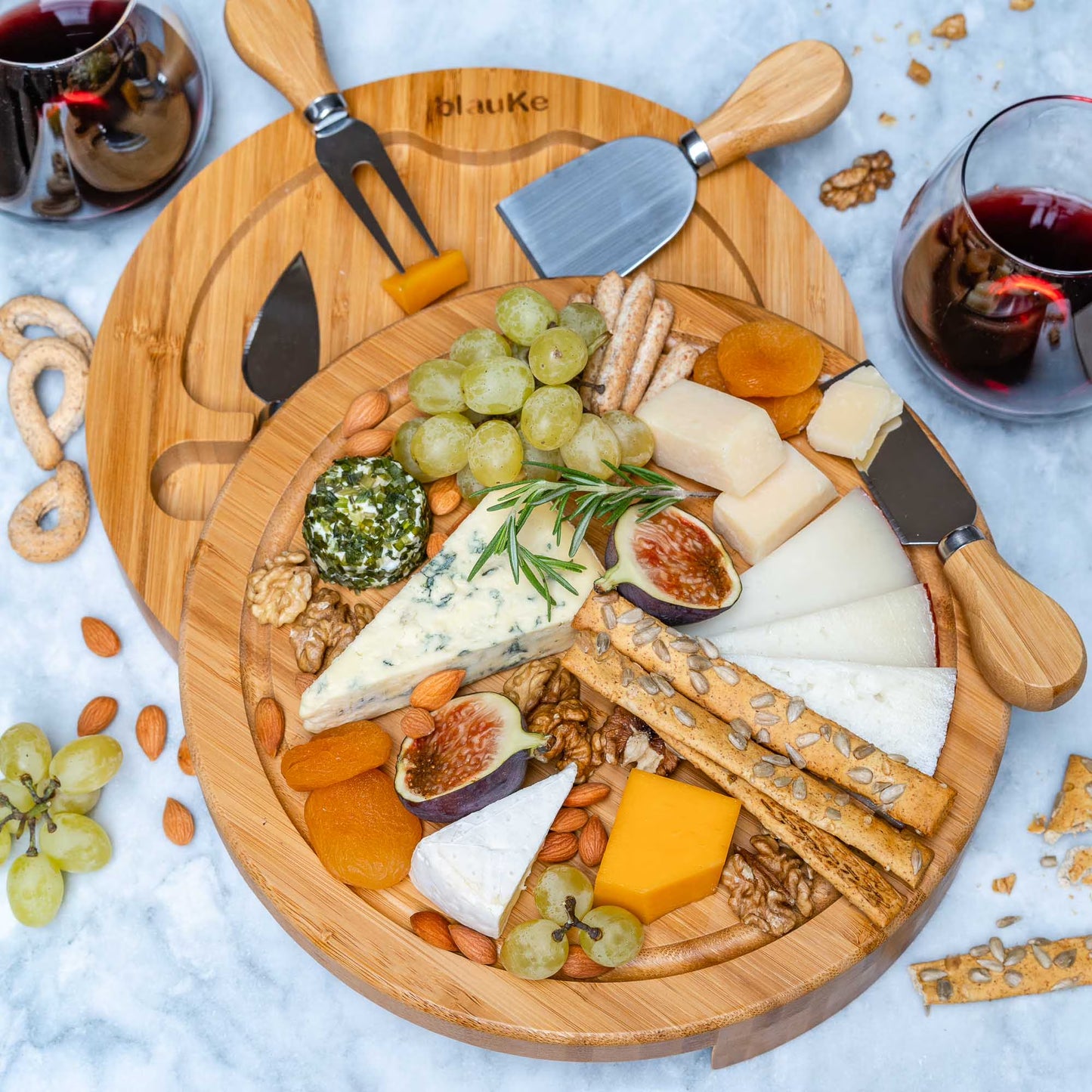 BlauKe® Bamboo Cheese Board and Knife Set – 10-Inch Round Charcuterie Board, Serving Tray & Platter
