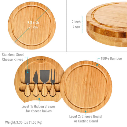BlauKe® Bamboo Cheese Board and Knife Set – 10-Inch Round Charcuterie Board, Serving Tray & Platter