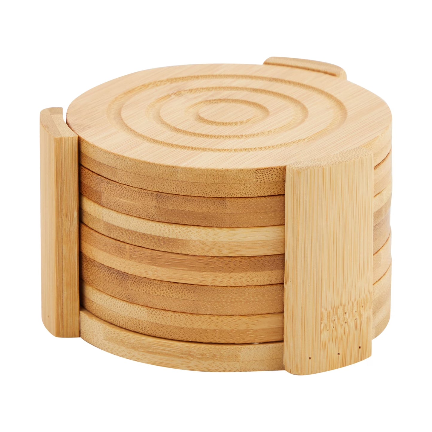 Juvale Coasters Set of 6 – 4.3-Inch Round Light Brown Bamboo Wood Coasters with Holder