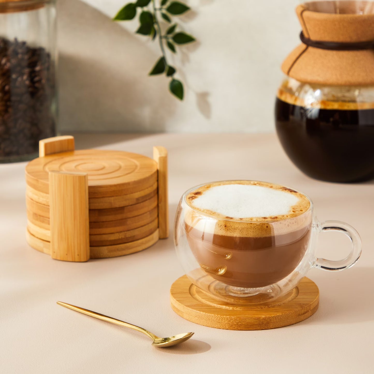 Juvale Coasters Set of 6 – 4.3-Inch Round Light Brown Bamboo Wood Coasters with Holder