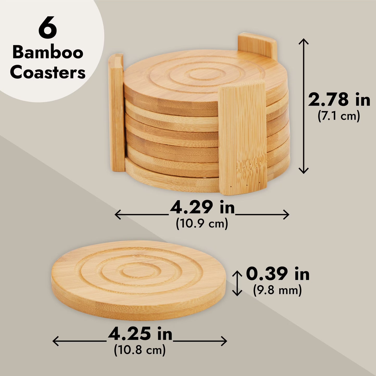 Juvale Coasters Set of 6 – 4.3-Inch Round Light Brown Bamboo Wood Coasters with Holder