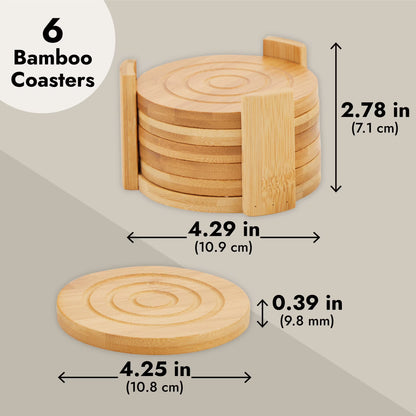 Juvale Coasters Set of 6 – 4.3-Inch Round Light Brown Bamboo Wood Coasters with Holder