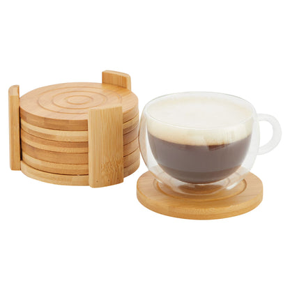 Juvale Coasters Set of 6 – 4.3-Inch Round Light Brown Bamboo Wood Coasters with Holder